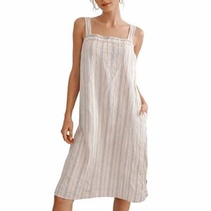Madewell Linen Cotton Striped Apron Midi Dress Women XL White Open Back Sundress